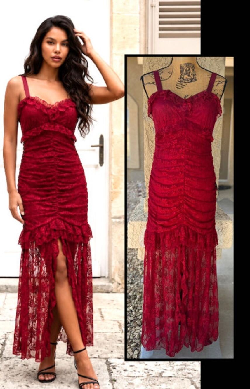 Lulus Iconic Charm Wine Red Lace Sleeveless Ruched Maxi Dress Size S